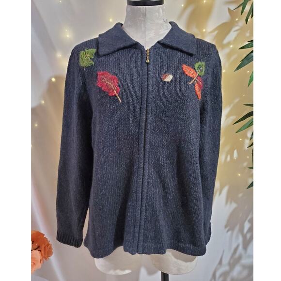 Vtg Mandal Bay Fall Crochet Leaf Acorn Zip Sweater Womens Size M Blue Granny - Picture 1 of 9